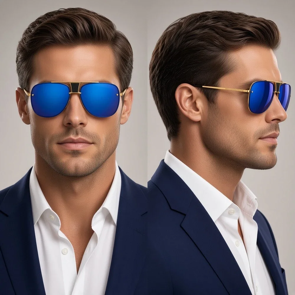 Mens Gold Blue Mirrored Sunglasses Streetwear Luxury Cyberpunk Modern Reflective